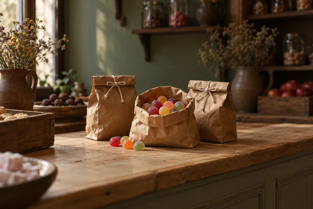 Small paper bags of sweets tied with string on a shop counter
