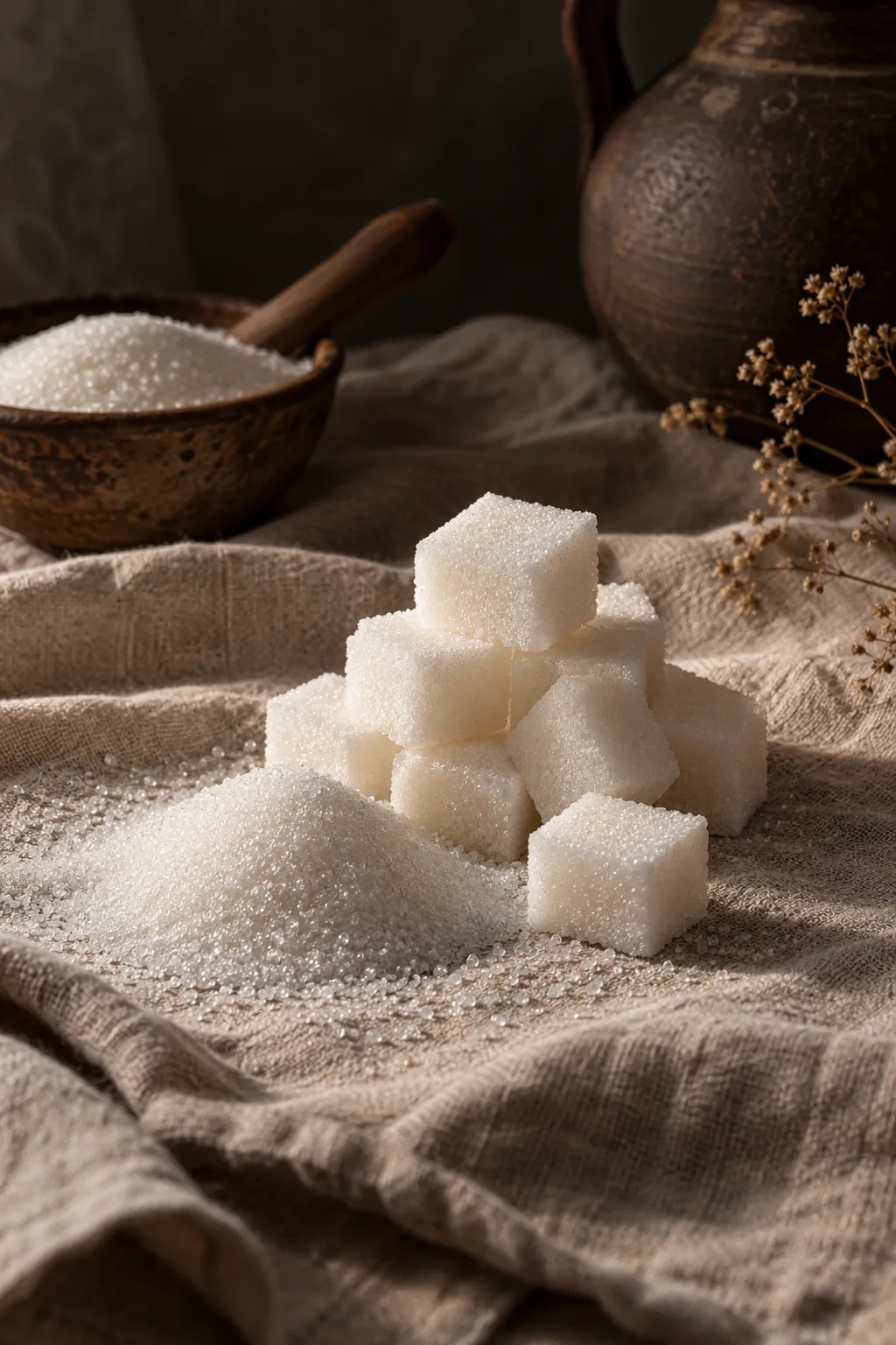 Sugar cubes and granulated sugar on a linen cloth