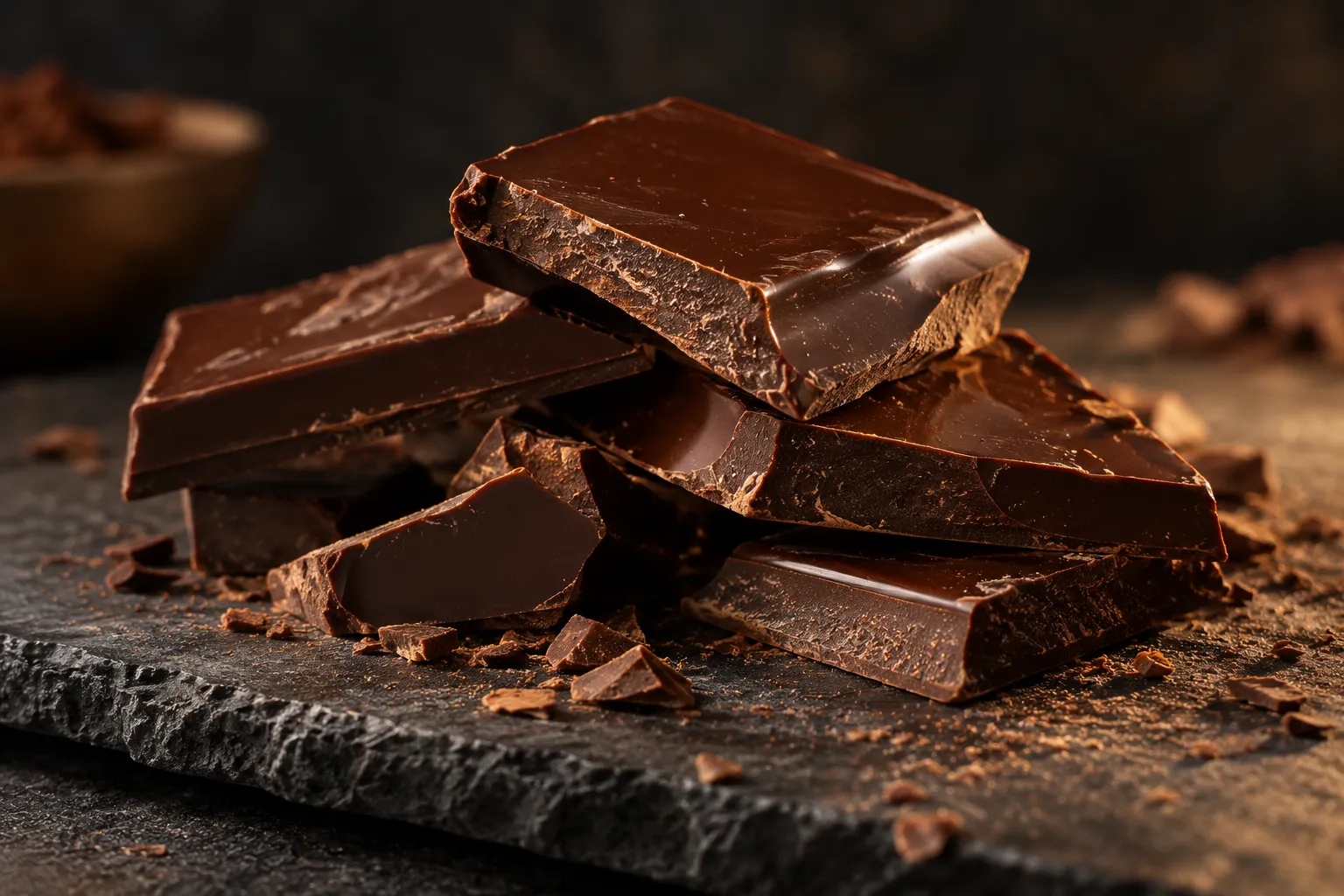 Broken pieces of dark chocolate stacked on a slate slab