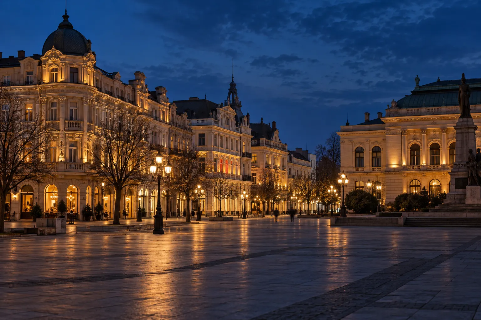 The central square of Ruse at blue hour