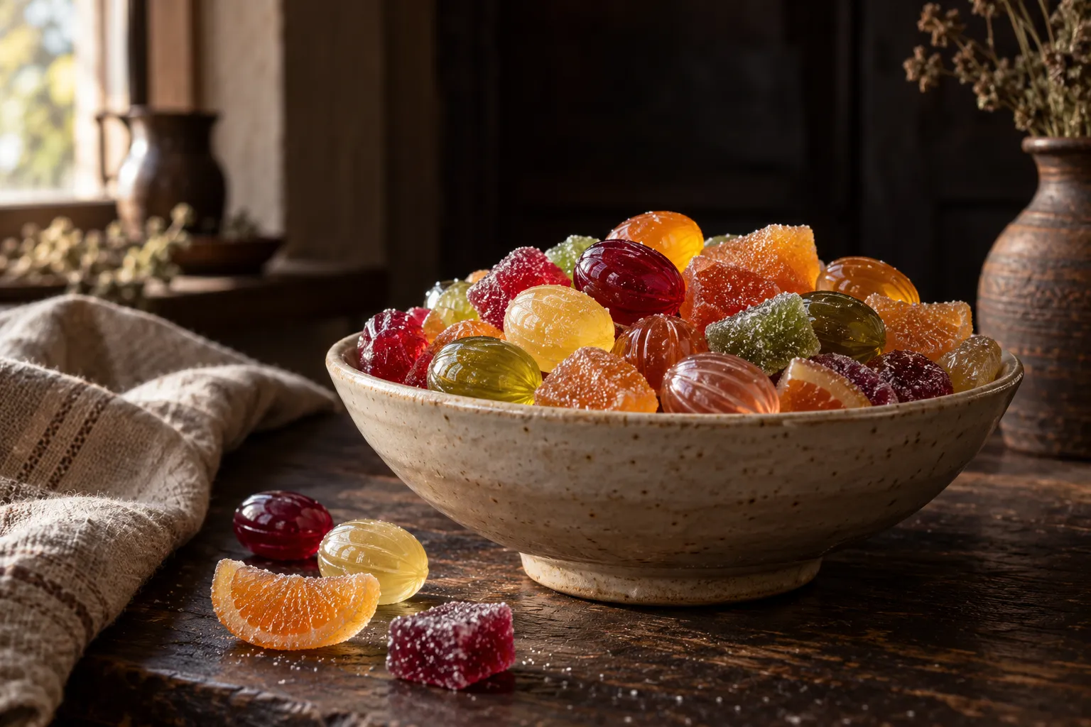 A ceramic bowl of hard-boiled sweets and sugared fruit jellies