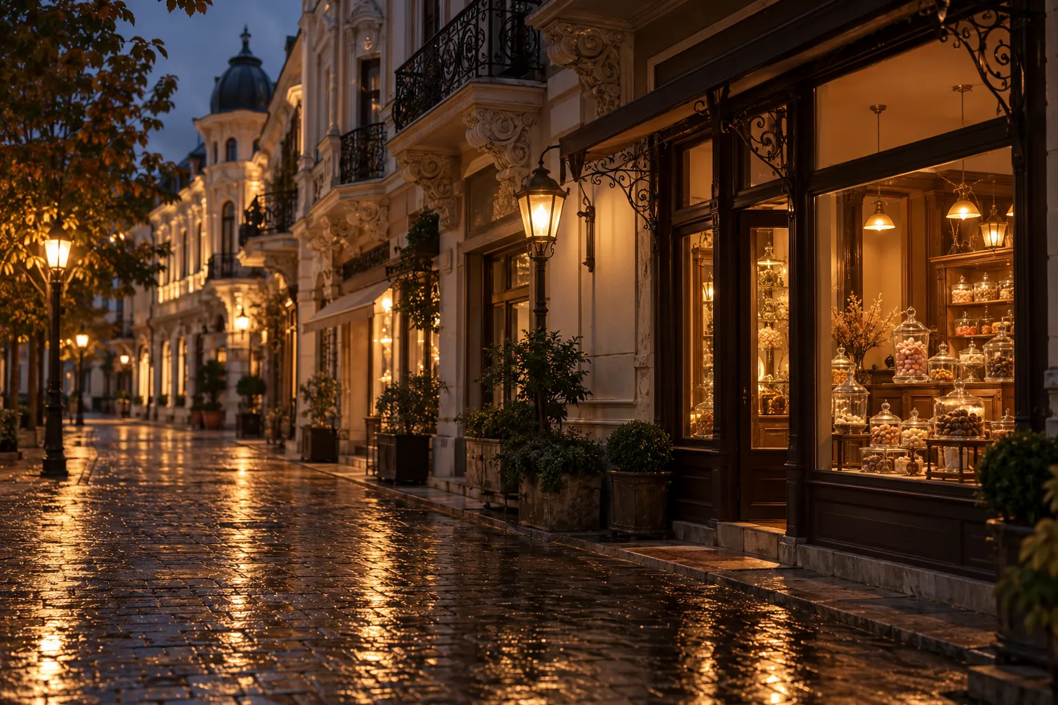 An evening street of restored townhouses in central Ruse