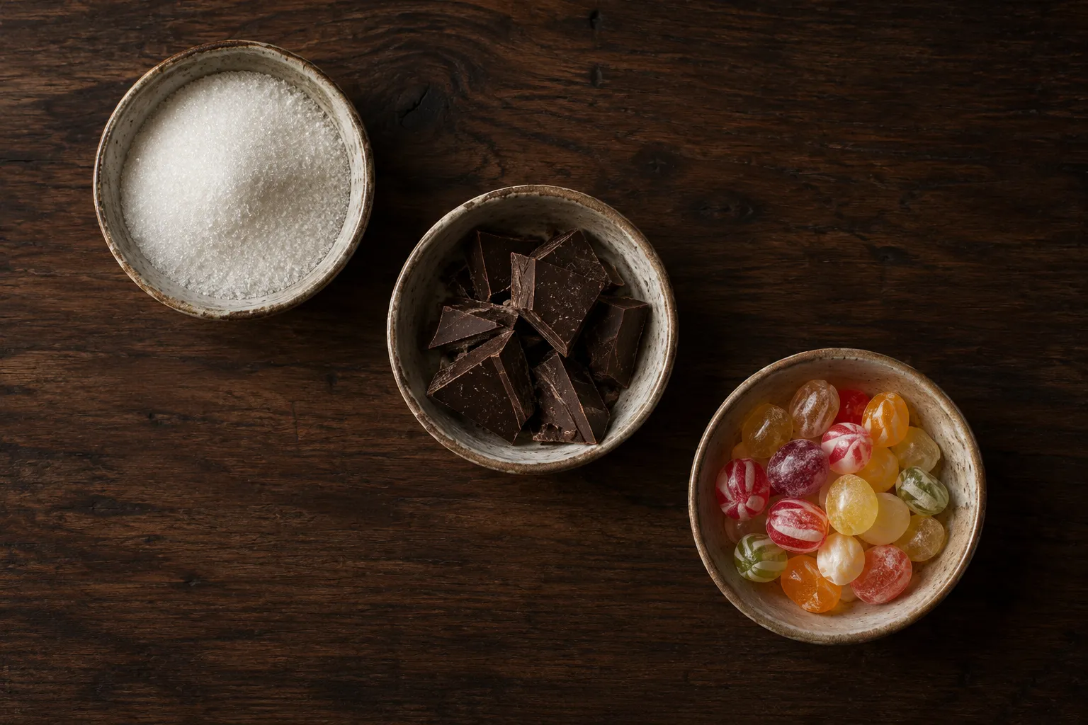 Three ceramic bowls with sugar, dark chocolate pieces and hard-boiled sweets
