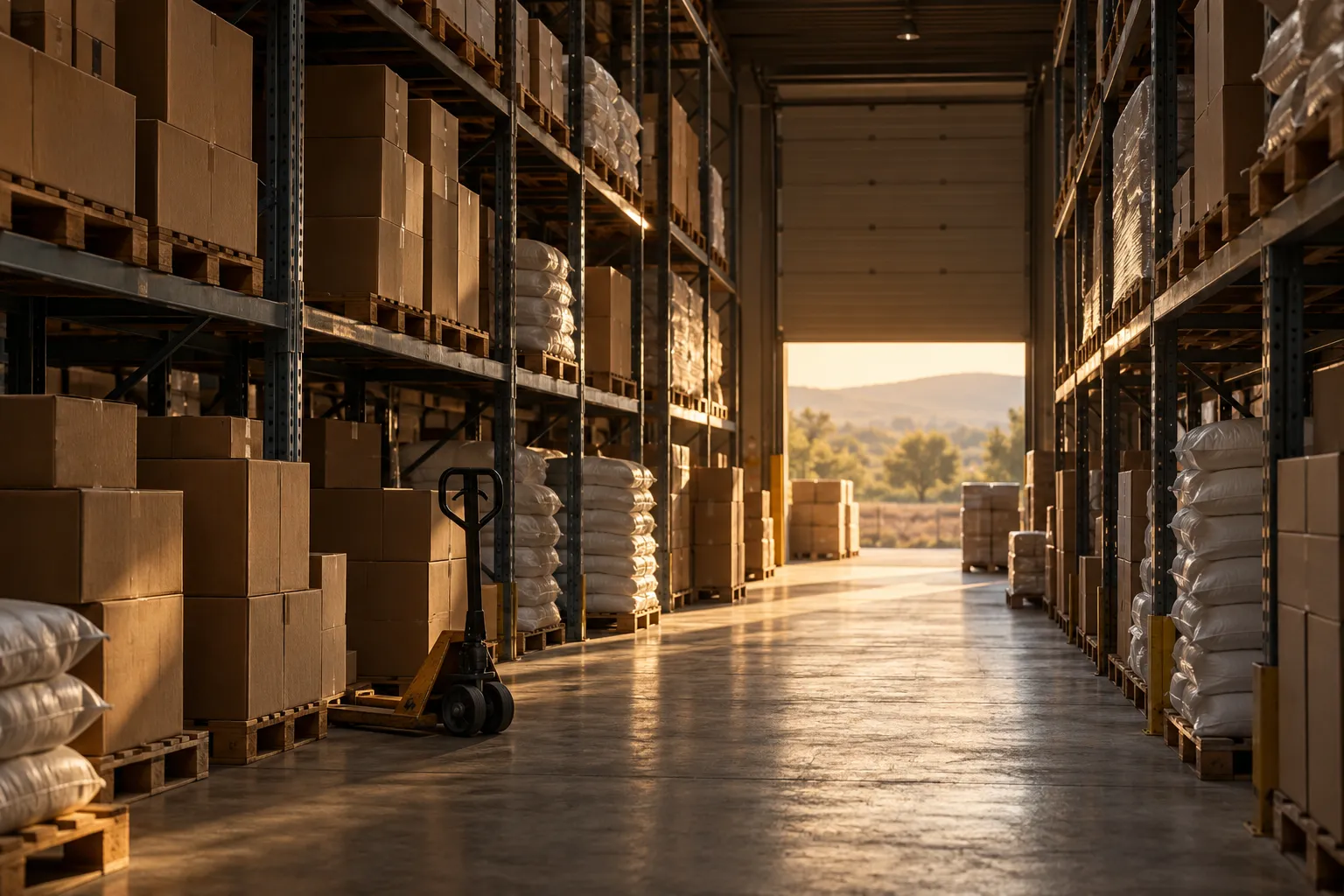 An aisle of pallet racks with plain cartons and white sacks in a wholesale warehouse